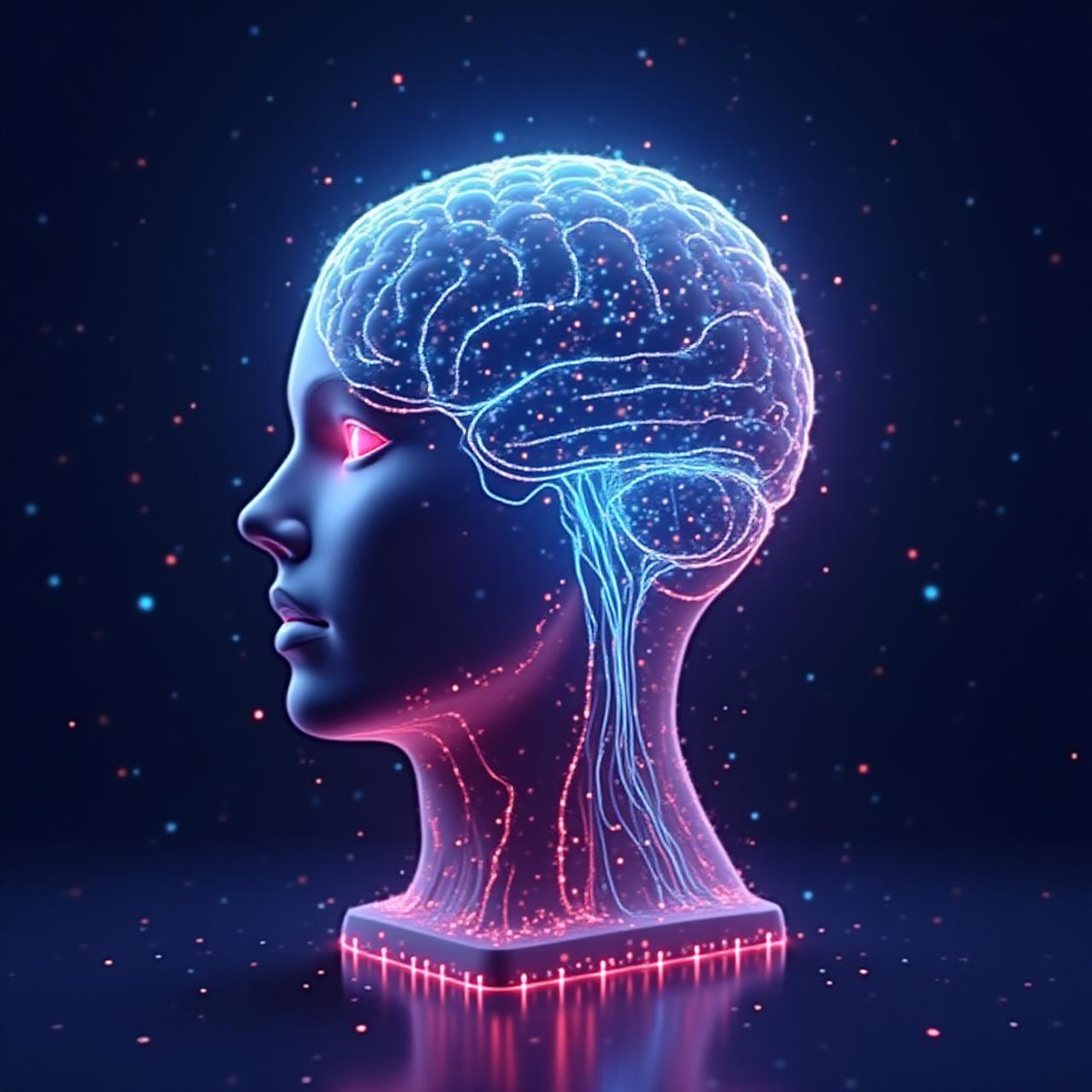 Ein leuchtendes, neonfarbenes KI-Gehirn in einer futuristischen Umgebung